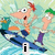 Animated cartoon scene with two characters on a blue watercraft against light green background, text changes from 'i' to 'love' to 'phineas!' across frames.