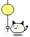 Pixel art animation of a white cat-like character with black ears and tail, yellow crescent moon above, pink cheeks, Japanese text on right side.