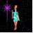 Animated contact sheet showing four frames of a pixelated character in a blue dress with changing starbursts on black background.