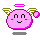 Pixelated pink spherical character with golden wings and a halo, displaying multiple facial expressions