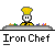 Pixelated character with white face and black eyes stands behind gray counter, wearing yellow chef's hat and outfit; text "Iron Chef" below.