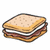 Pixelated sandwich with two browned bread slices, white filling, and brown layers, next to pink background with text.