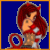Pixelated character with red hair and horns in two side-by-side frames, one showing orange text overlay on blue background.