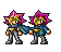 Two pixel-art characters with spiky purple hair and yellow highlights stand side-by-side in blue jackets and gray pants, with one character's arm extended toward the other.
