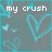 Pixelated icon with 'my crush' text in white block letters over a gray background, surrounded by light blue abstract shapes.