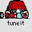Red and cyan vehicle with red checkered roof, white headlights, and black accents; text 'tuneit' below in lowercase.