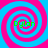 Four identical spiral patterns arranged in a , each with alternating pink and blue rings and green text reading "Dylon" at the center