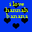 Blue background with yellow text reading "i love hannah banana" and scattered black heart shapes in pixelated style.