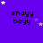 Purple background with repeated 'shayy bayy' text and white/purple star animations.