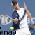 A tennis player in white and navy attire holds a racket, with text labels changing across frames.