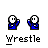 Six pixelated blue-shirted figures in various poses with white circular heads, each labeled "Wrestle" below, on a gray background.