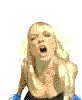 A pixelated animated sequence of a woman with blonde hair in various poses and expressions, wearing a black top.
