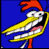 Pixelated cartoon chicken with red comb, yellow beak, white body, and pink accents on blue background.