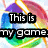 Pixelated icon with bold black text reading 'This is my game.' over a rainbow-colored circular background.