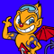 Pixelated orange cartoon character with blue goggles, red nose, and wide grin on solid blue background.