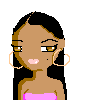 Animated pixel art of a woman with brown skin, black hair in loose waves, gold hoop earrings, and pink strapless top against gray background.