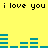 Yellow background with black text "i love you i love you" repeated twice, blue horizontal bars forming a waveform pattern between the lines of text.