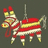 Pixelated image of a red and white striped donkey piñata with yellow accents, suspended by a string against a dark gray background, with text overlays on a green field.