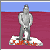 Pixelated figure in silver armor stands on white and red platform against maroon background with blue sky strip