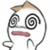 Pixelated cartoon face with spiraled eyes, a red mouth, and a brown hat-like shape on top.