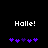 Pixelated text 'Holle!' in white on black background with purple heart symbols below, two identical frames showing static content.