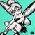 Pixelated character with large ears and outstretched arms against a teal background, rendered in grayscale tones.