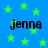 Blue background with green stars and four instances of the name "jenna" in black pixelated text.