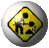 Two circular silver-toned icons with yellow diamond-shaped symbols showing black and gray pixelated figures in motion.