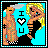 Pixel art buddy icon featuring two cartoon figures with a heart symbol and "I U" text against a blue background, bordered by cyan and black pixels.