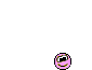 A pink cartoon character with black eyes and a smile holds a rainbow flag that grows from empty space to full size