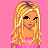 Pixel art contact sheet of a blonde female character in pink and white clothing with text elements on a solid pink background, showing multiple poses and partial views across sampled frames.
