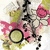 A floral arrangement with pink roses, green leaves, and white accents on a light background, featuring a circular yellow-green element.