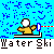 Pixelated water ski scene with yellow-clad figure on blue water background, text "Water Ski" below.