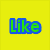 Four colored quadrants display distinct text and symbols: yellow with 'Like' in green-blue, pink with a blue 'O', blue with a pink 'M' on green, and bright green with a pink 'G'.
