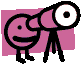 Two cartoon figures on a pink background; one figure has a large eye with a black pupil, the other has a small dot for an eye.