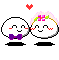 A 2x2 contact sheet of four pixel-art animated frames showing two cartoon characters with white round heads, purple bow ties, and pink floral headpieces against a gray background with floating hearts.
