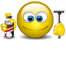 Animated sequence of yellow cartoon faces with blue eyes and white teeth, interacting with a bottle labeled 'SCHLUMPI' and a T-shaped tool against gray background.