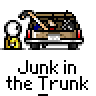 A 3x3 grid of pixel art frames showing a yellow stick figure and brown car with changing text bubbles, each frame displaying different white text above the vehicle.
