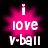 A pink starburst-shaped icon with white text reading "i love v-ball" on a black background, displayed in three variations showing different animation states.