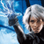 Pixelated image of a person with light hair holding a dark object against a blue gradient background.
