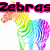 Rainbow-colored zebra with pixelated stripes stands against white background, text above and below changes across frames.