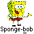 Pixelated yellow cartoon character with green hair, white shirt, red tie, brown shorts, and black shoes standing against gray background with text "Sponge-bob" below.