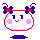 A 4-frame pixel art animation of a round white character with pink cheeks, red mouth, blue antennae bows, and purple cloud-like shapes below it on gray background.