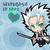 Pixelated chibi character with white spiky hair, green eyes, and a sword on light blue background.