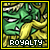 Green-skinned character with yellow mustache and crown, pixelated text 'ROYALTY' below, yellow border, static image.