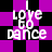 A 4-frame animated contact sheet showing a pixelated text-based icon with "I love to dance" over alternating purple and black backgrounds, where the background pattern changes across frames.