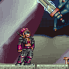 Pixel art character with pink hair and armor stands on a stone platform beneath a large sword held by an armored figure.
