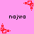 Pixelated red square shapes on a pink background with black text reading "najwa" in four positions.