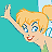Pixelated cartoon character with blonde hair, blue eyes, and a red mouth, raising one arm against a teal background.