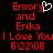 Red pixelated text on black background reads 'Emory and Erika I Love You! 6/22/08' with a white heart symbol replacing the letter O in Emory.